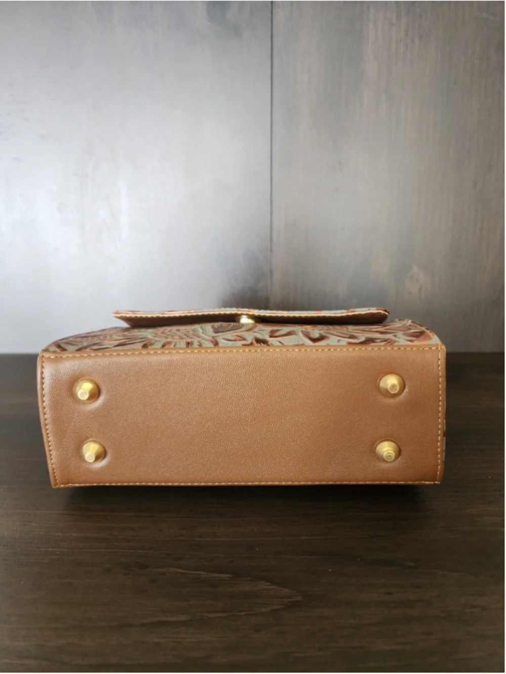 Blue Gray Bronze Sunflower Embossed Tooled Artisan Leather Crossbody Purse